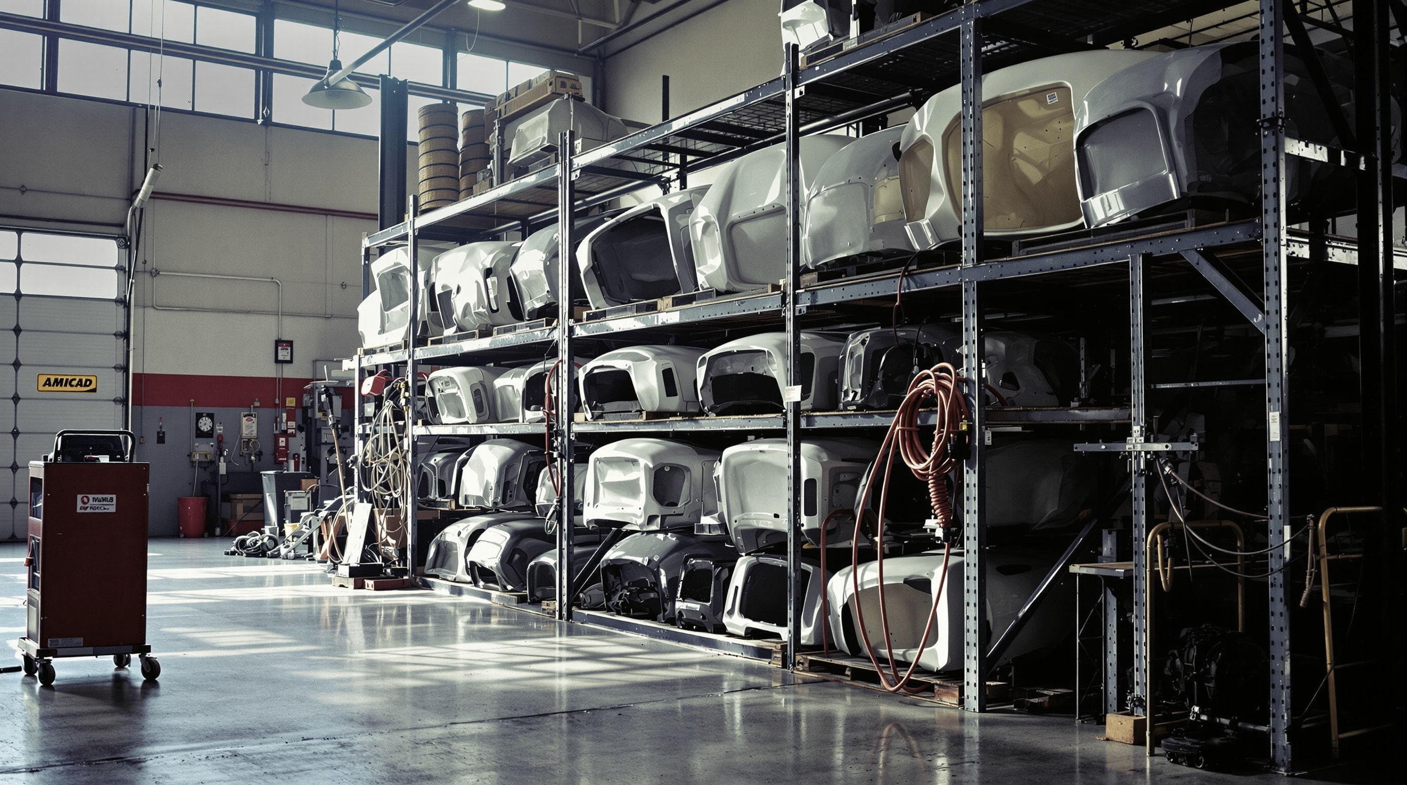 Storage racking holding rows of spare stock car body panels in a race shop