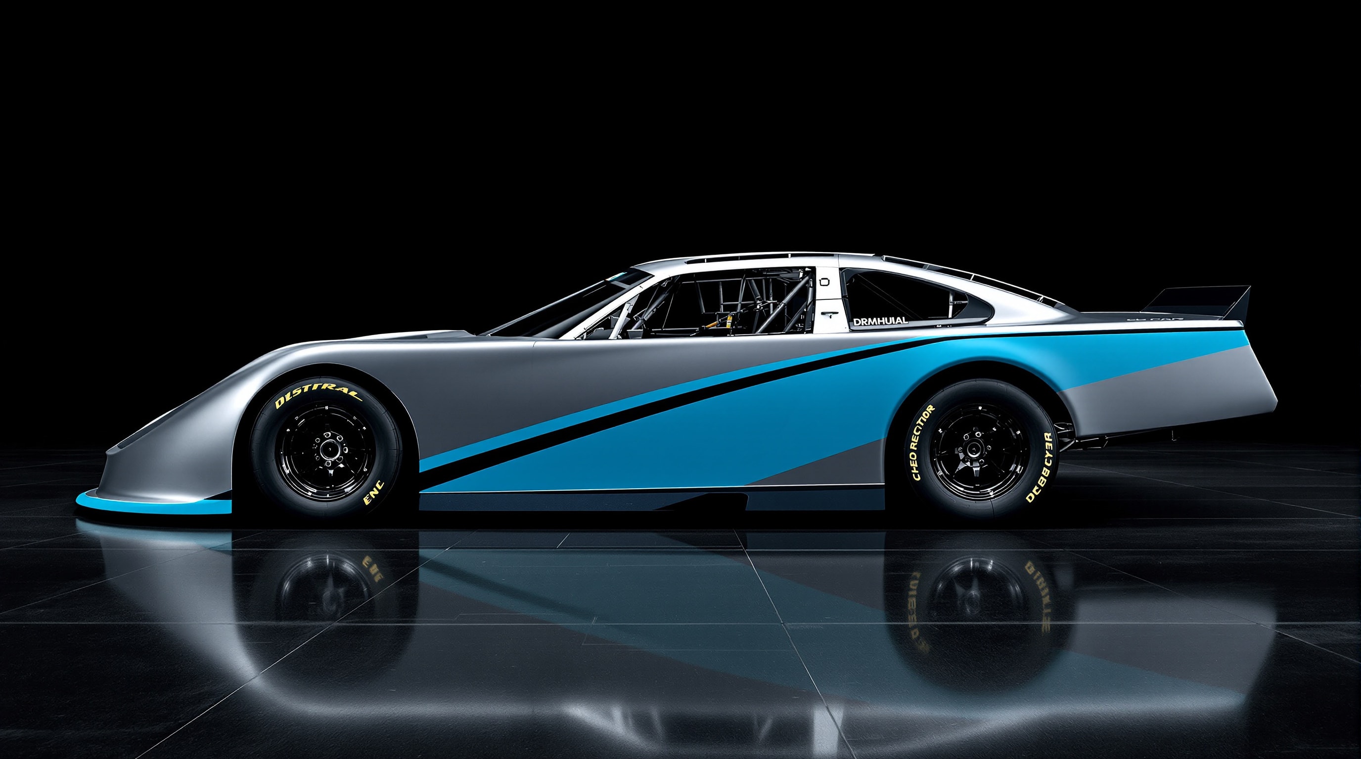 Plain silver stock car with a black roof and diagonal cyan stripe, side profile