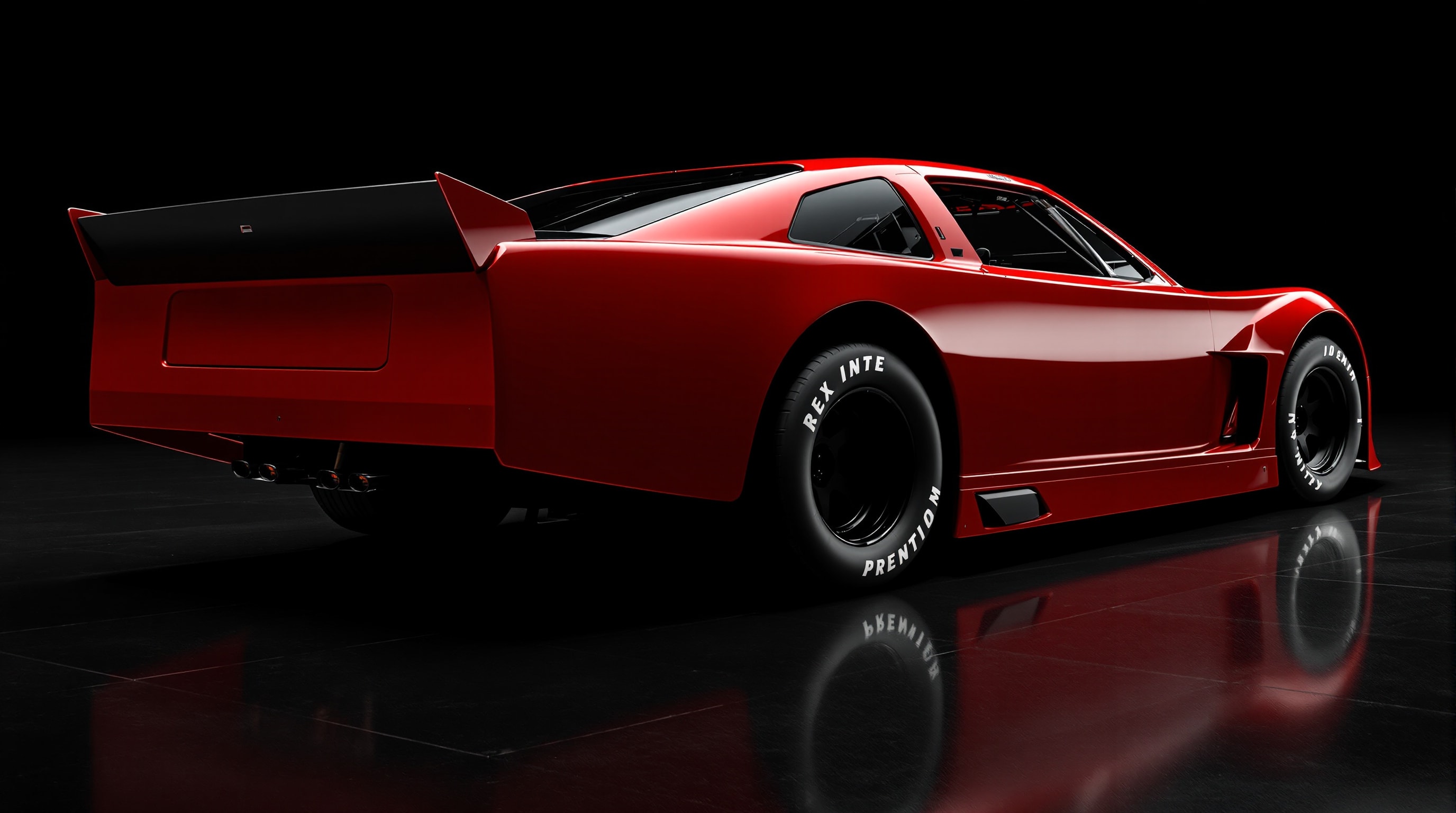 Plain red stock car with a black roof stripe and tall rear spoiler, rear three-quarter view