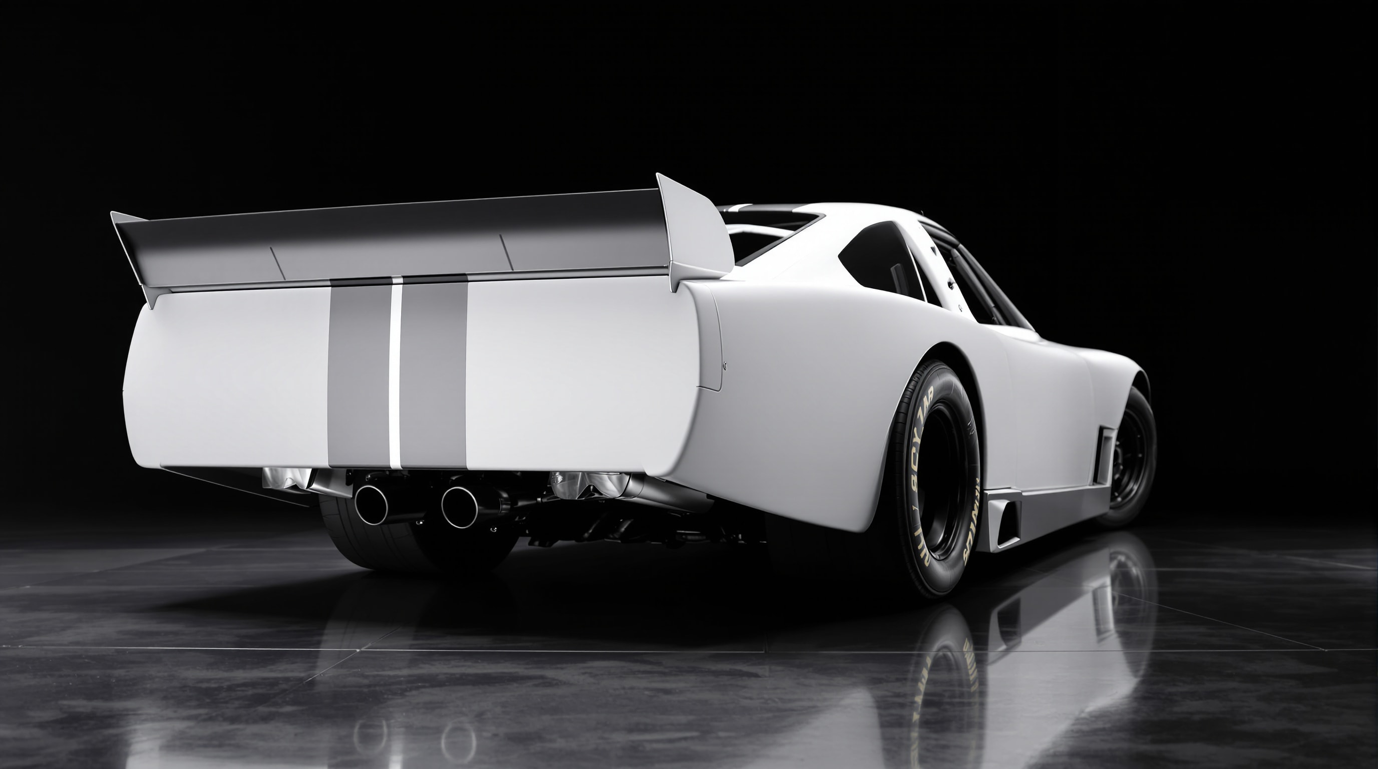 Mid-2000s stock car in plain white with no markings, rear three-quarter view