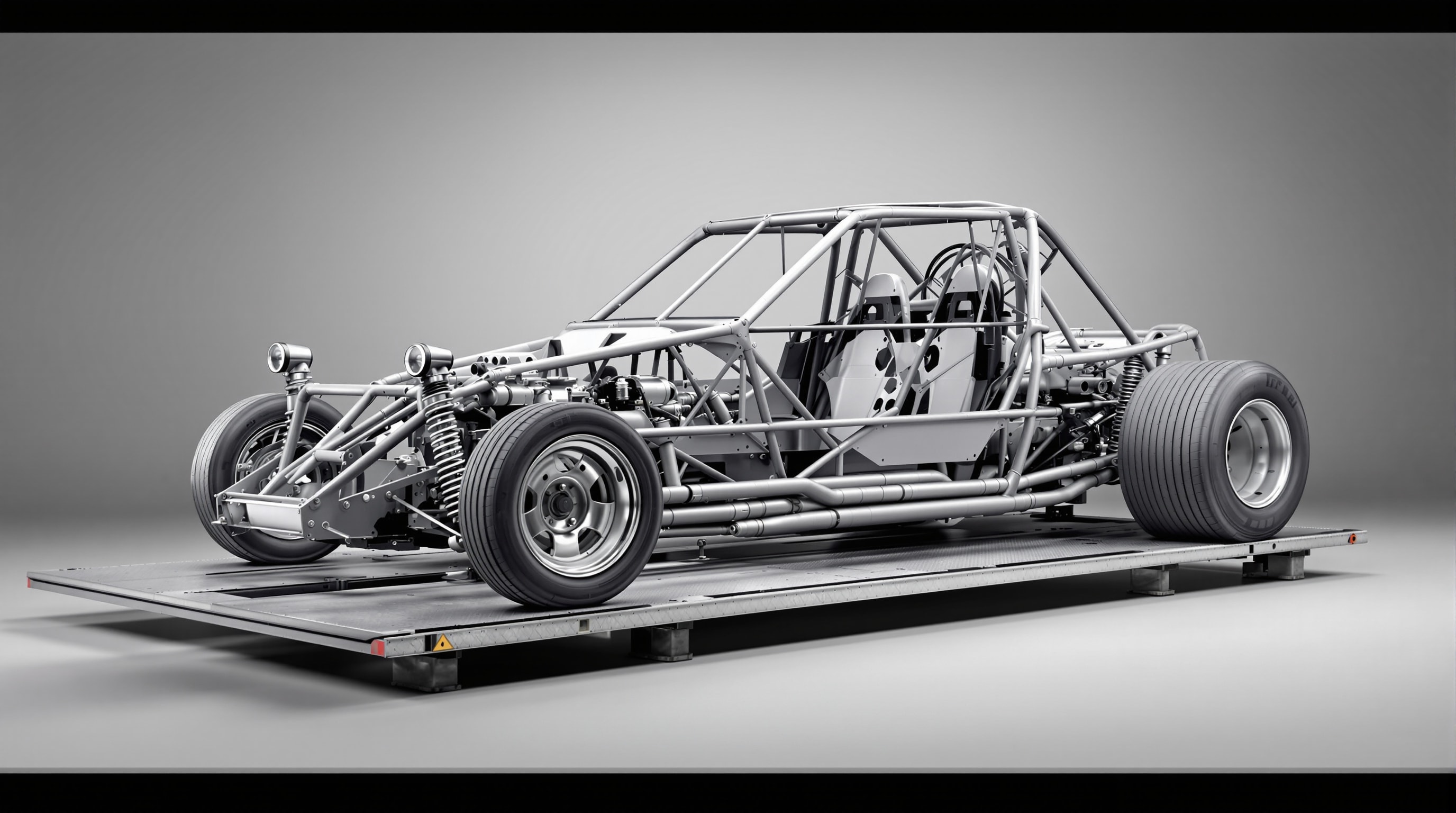 Bare tubular steel stock car chassis with roll cage and suspension on a setup plate