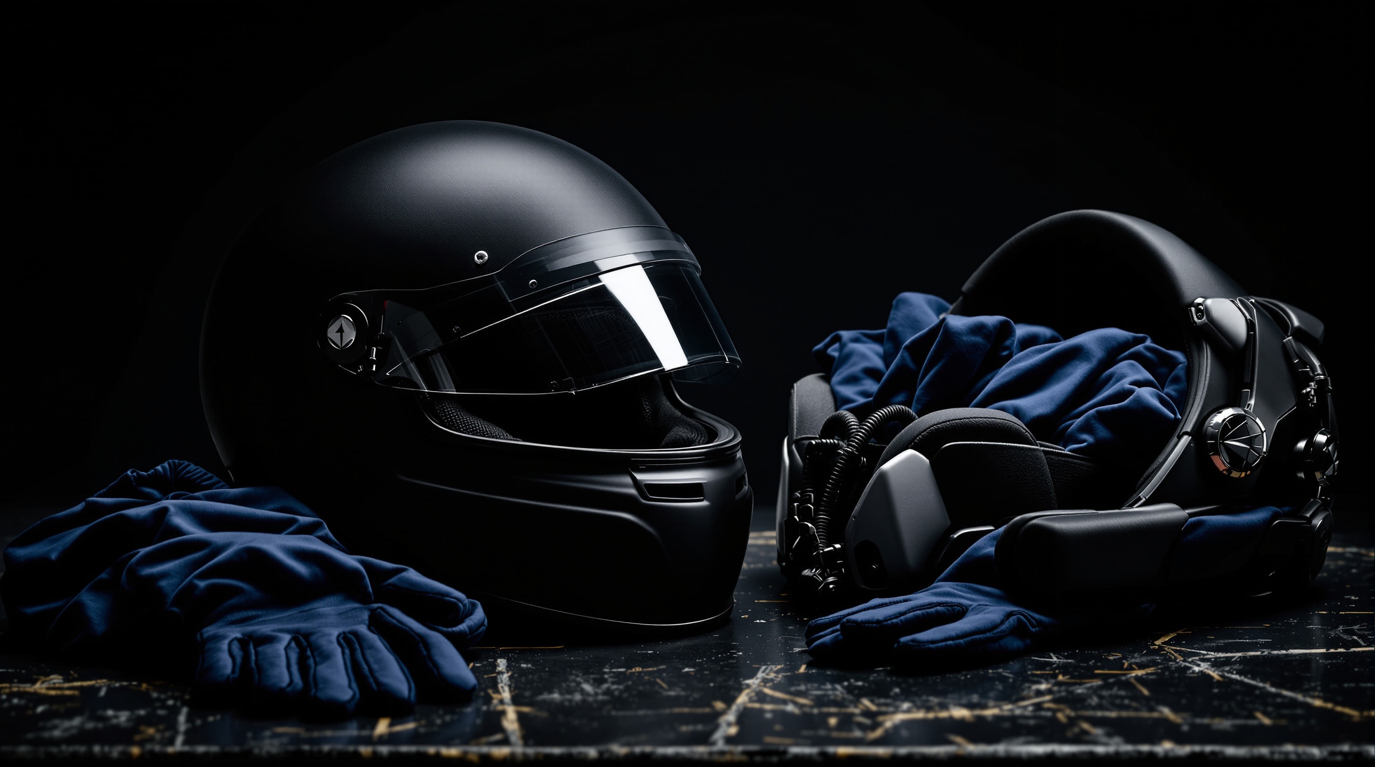 Plain unbranded racing helmet, driving suit and gloves on a workbench