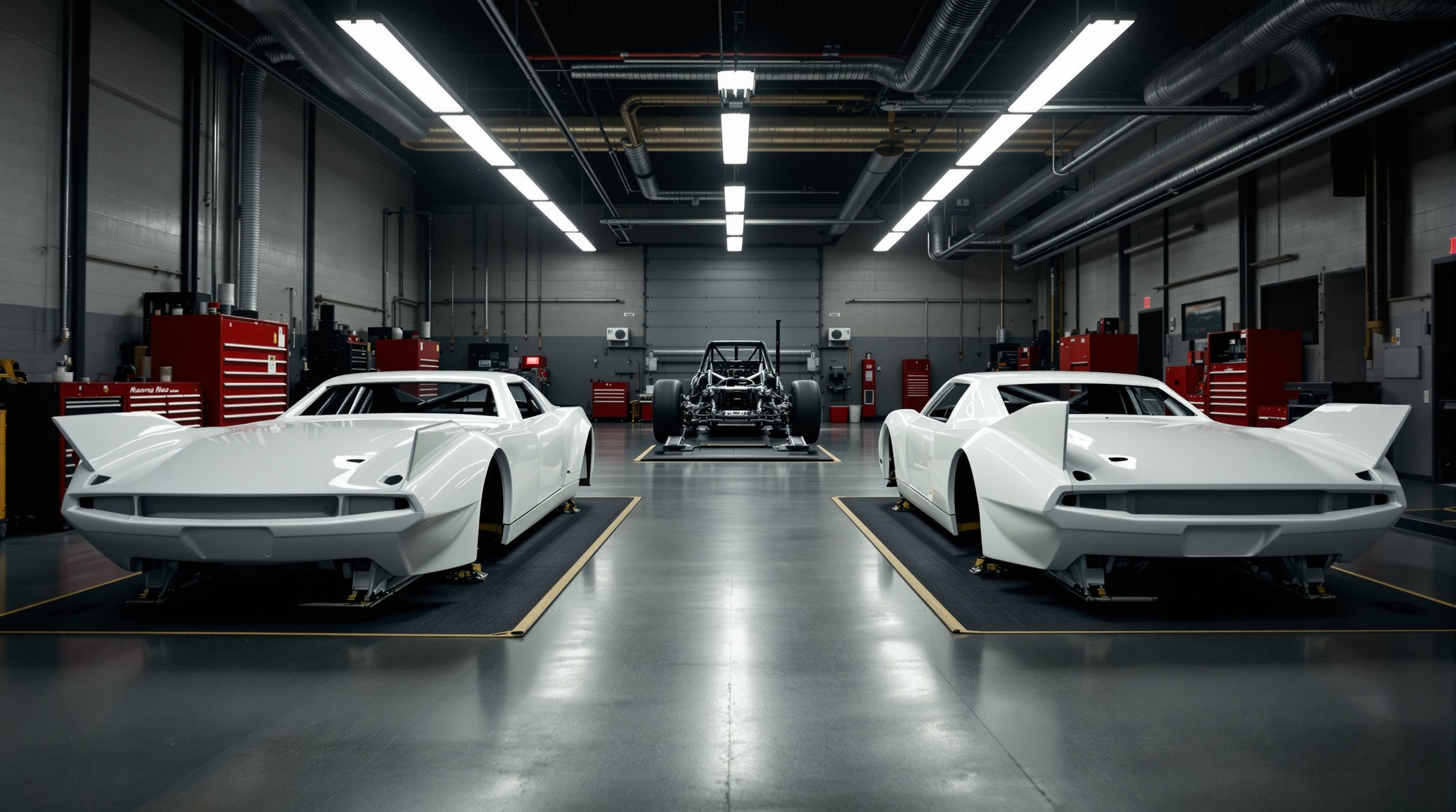 Interior of a stock car race shop with two unmarked cars on setup plates