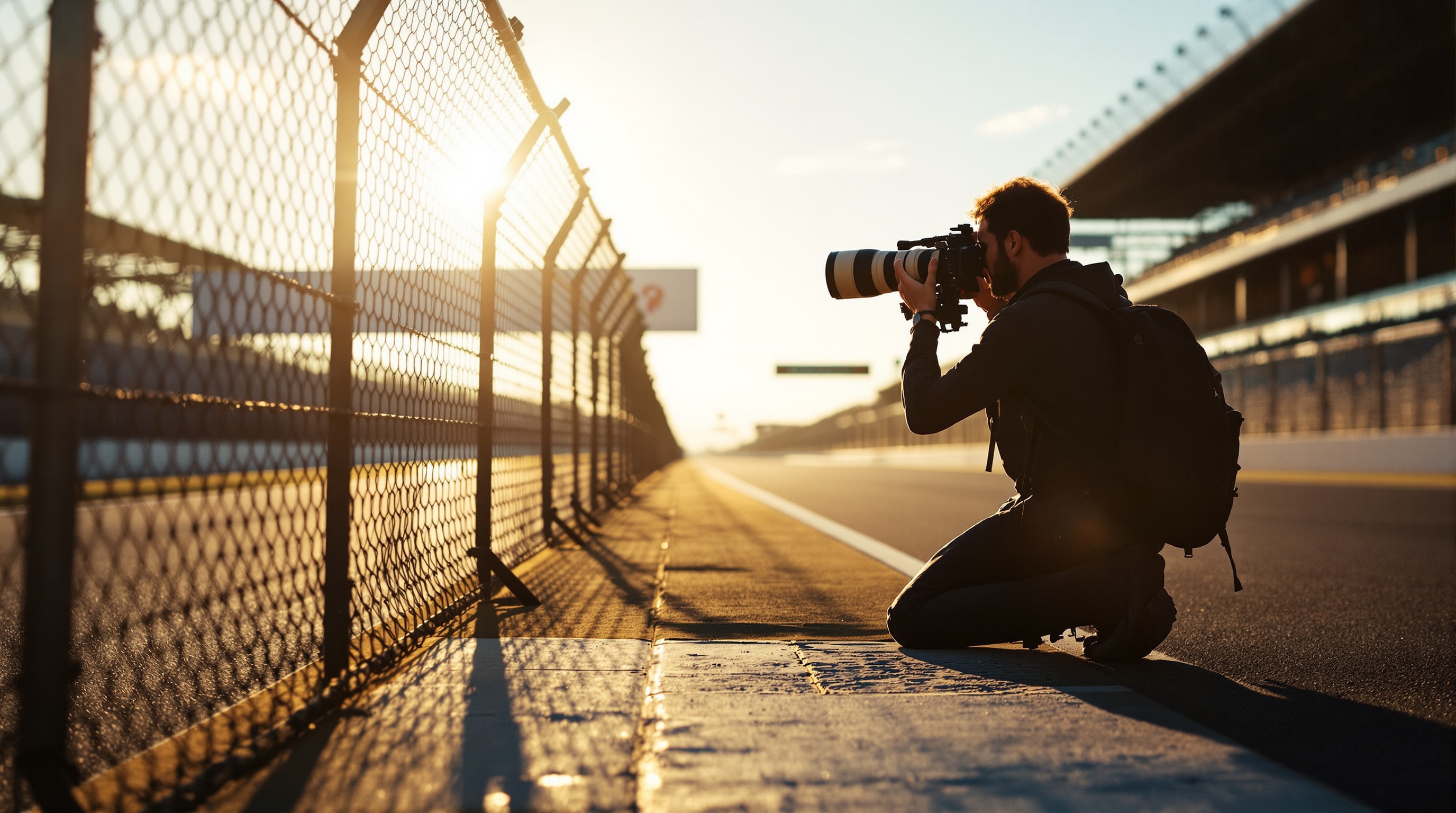 Motorsport photographer at trackside shooting through catch fencing at golden hour