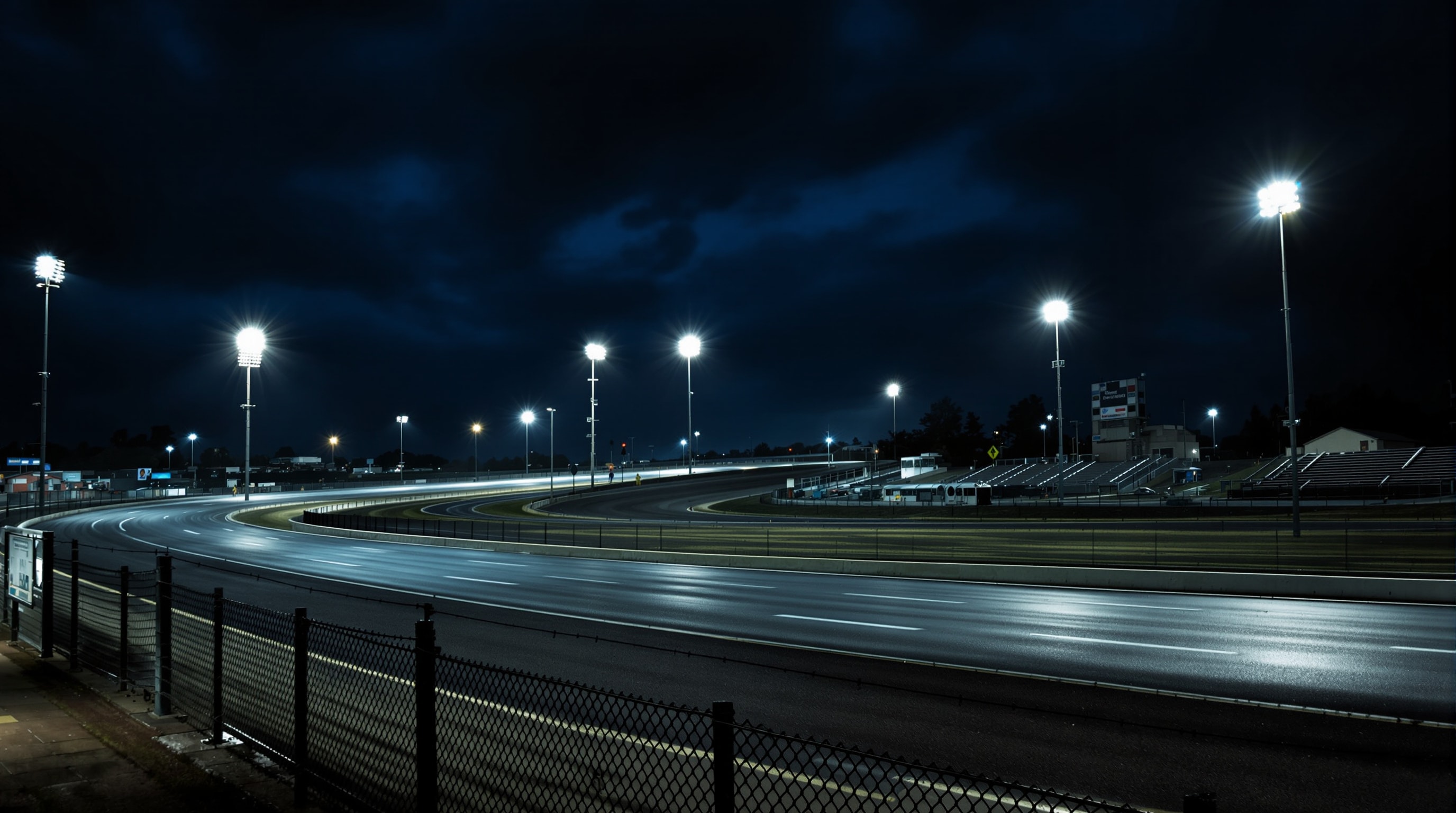 Empty short oval speedway under floodlights at night