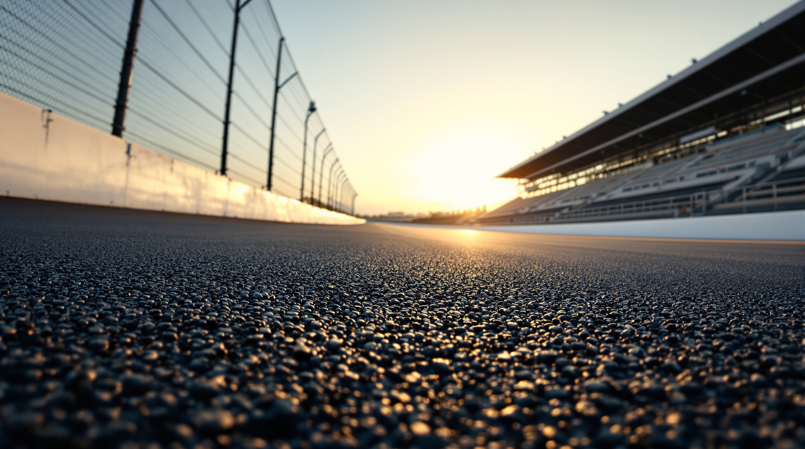Empty banked asphalt of an oval speedway at golden hour, seen low along the racing groove
